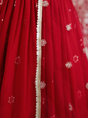 Women’s Red Embroidered Lehenga Choli with Net Dupatta