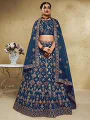 Women’s Designer Blue Lehenga Choli Set with Heavy Embroidery and Embellished Net Dupatta