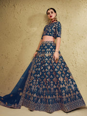 Women’s Designer Blue Lehenga Choli Set with Heavy Embroidery and Embellished Net Dupatta