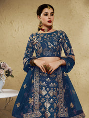 Women’s Designer Blue Lehenga Choli Set with Heavy Embroidery and Embellished Net Dupatta