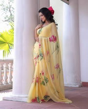 Women’s Ready to Wear Organza Saree, Yellow Floral Printed Stitched Saree
