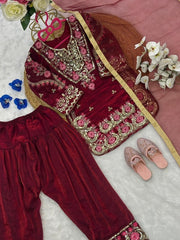 Girls Embroidered Kurta Salwar Set with Dupatta.