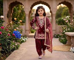 Girls Embroidered Kurta Salwar Set with Dupatta.