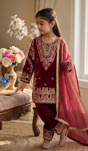 Girls Embroidered Kurta Salwar Set with Dupatta.
