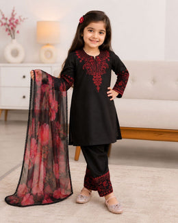 Girls Black Embroidered Kurta Pant Set with Dupatta | Ethnic Festive Wear
