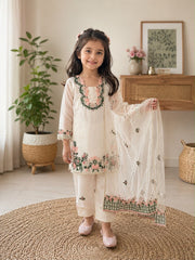 Girls White Embroidered Kurta Pant Set with Dupatta | Floral Ethnic Festive Wear