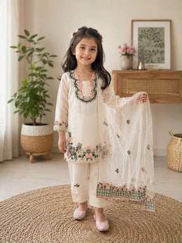 Girls White Embroidered Kurta Pant Set with Dupatta | Floral Ethnic Festive Wear