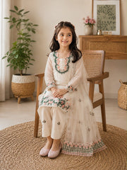 Girls White Embroidered Kurta Pant Set with Dupatta | Floral Ethnic Festive Wear