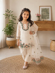 Girls White Embroidered Kurta Pant Set with Dupatta | Floral Ethnic Festive Wear