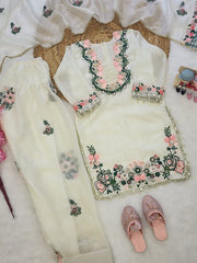 Girls White Embroidered Kurta Pant Set with Dupatta | Floral Ethnic Festive Wear
