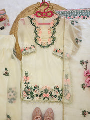 Girls White Embroidered Kurta Pant Set with Dupatta | Floral Ethnic Festive Wear