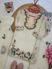 Girls White Embroidered Kurta Pant Set with Dupatta | Floral Ethnic Festive Wear