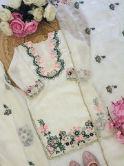 Girls White Embroidered Kurta Pant Set with Dupatta | Floral Ethnic Festive Wear