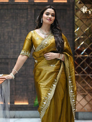 Women’s Green Silk Saree with Floral Embroidered Border