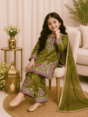 Girls Green Embroidered Kurta Palazzo Set with Dupatta
