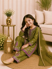 Girls Green Embroidered Kurta Palazzo Set with Dupatta