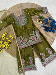 Girls Green Embroidered Kurta Palazzo Set with Dupatta