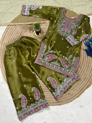 Girls Green Embroidered Kurta Palazzo Set with Dupatta