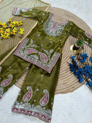 Girls Green Embroidered Kurta Palazzo Set with Dupatta
