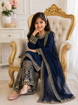 Girls Navy Blue Embroidered Kurta Sharara Set with Dupatta