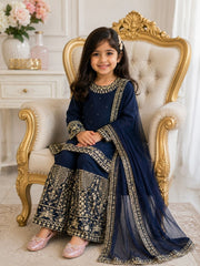 Girls Navy Blue Embroidered Kurta Sharara Set with Dupatta