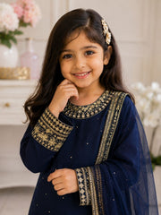 Girls Navy Blue Embroidered Kurta Sharara Set with Dupatta