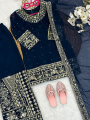 Girls Navy Blue Embroidered Kurta Sharara Set with Dupatta