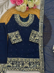 Girls Navy Blue Embroidered Kurta Sharara Set with Dupatta