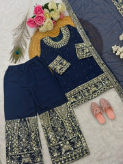 Girls Navy Blue Embroidered Kurta Sharara Set with Dupatta