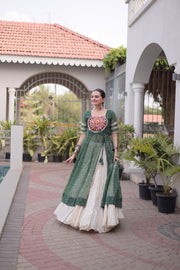 Women’s Bandhani Kutchi Patchwork Kurti with White Kora Cotton Lehenga Set