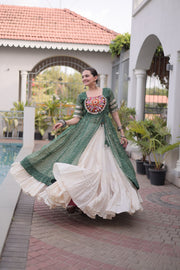 Women’s Bandhani Kutchi Patchwork Kurti with White Kora Cotton Lehenga Set