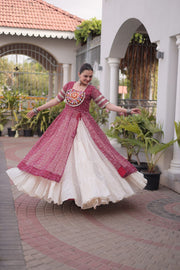 Women’s Bandhani Kutchi Patchwork Kurti with White Kora Cotton Lehenga Set