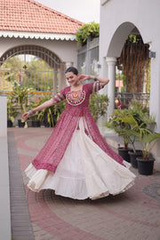 Women’s Bandhani Kutchi Patchwork Kurti with White Kora Cotton Lehenga Set