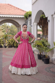 Women’s Bandhani Kutchi Patchwork Kurti with White Kora Cotton Lehenga Set