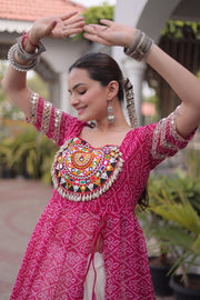 Women’s Bandhani Kutchi Patchwork Kurti with White Kora Cotton Lehenga Set