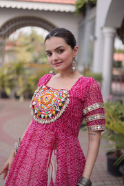 Women’s Bandhani Kutchi Patchwork Kurti with White Kora Cotton Lehenga Set