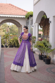 Women’s Bandhani Kutchi Patchwork Kurti with White Kora Cotton Lehenga Set