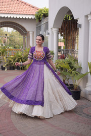 Women’s Bandhani Kutchi Patchwork Kurti with White Kora Cotton Lehenga Set
