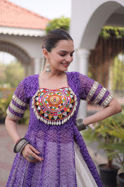 Women’s Bandhani Kutchi Patchwork Kurti with White Kora Cotton Lehenga Set