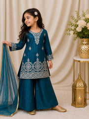 Girls Blue Embroidered Kurta Palazzo Set with Dupatta