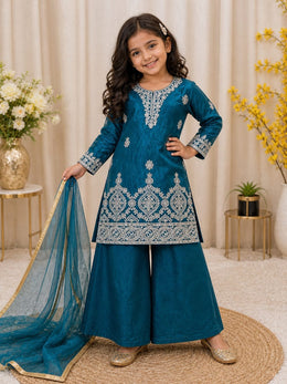 Girls Blue Embroidered Kurta Palazzo Set with Dupatta