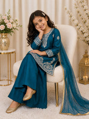 Girls Blue Embroidered Kurta Palazzo Set with Dupatta