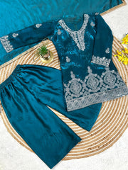 Girls Blue Embroidered Kurta Palazzo Set with Dupatta