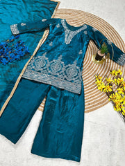 Girls Blue Embroidered Kurta Palazzo Set with Dupatta