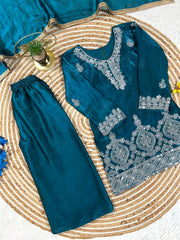 Girls Blue Embroidered Kurta Palazzo Set with Dupatta