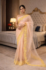 Women’s Peach Saree with Floral Embroidered Border