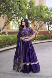 Women’s Glory Satin Lehenga with Zari Sequins Work and Dupatta