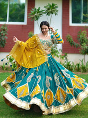 Women’s Teal Green Mustard Gujarati Garba Lehenga Choli