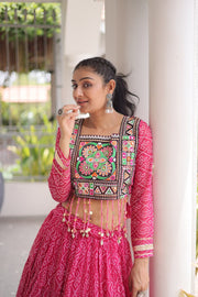 Women’s Bandhani Print Lehenga Choli with Kutchi Patchwork