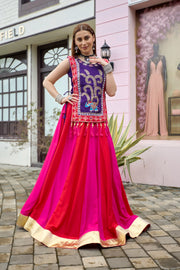 Women’s Rani Pink Gujarati Navratri Lehenga Choli with Embroidered Koti